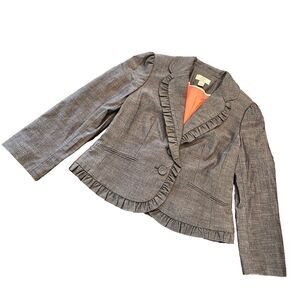 LOFT gray ruffle trim blazer 2P petite fitted career jacket preppy feminine chic